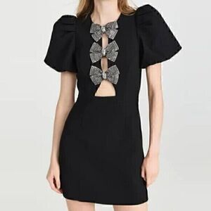Black Puff Sleeve Cut Out Party Bow Rhinestone Mini Dress L